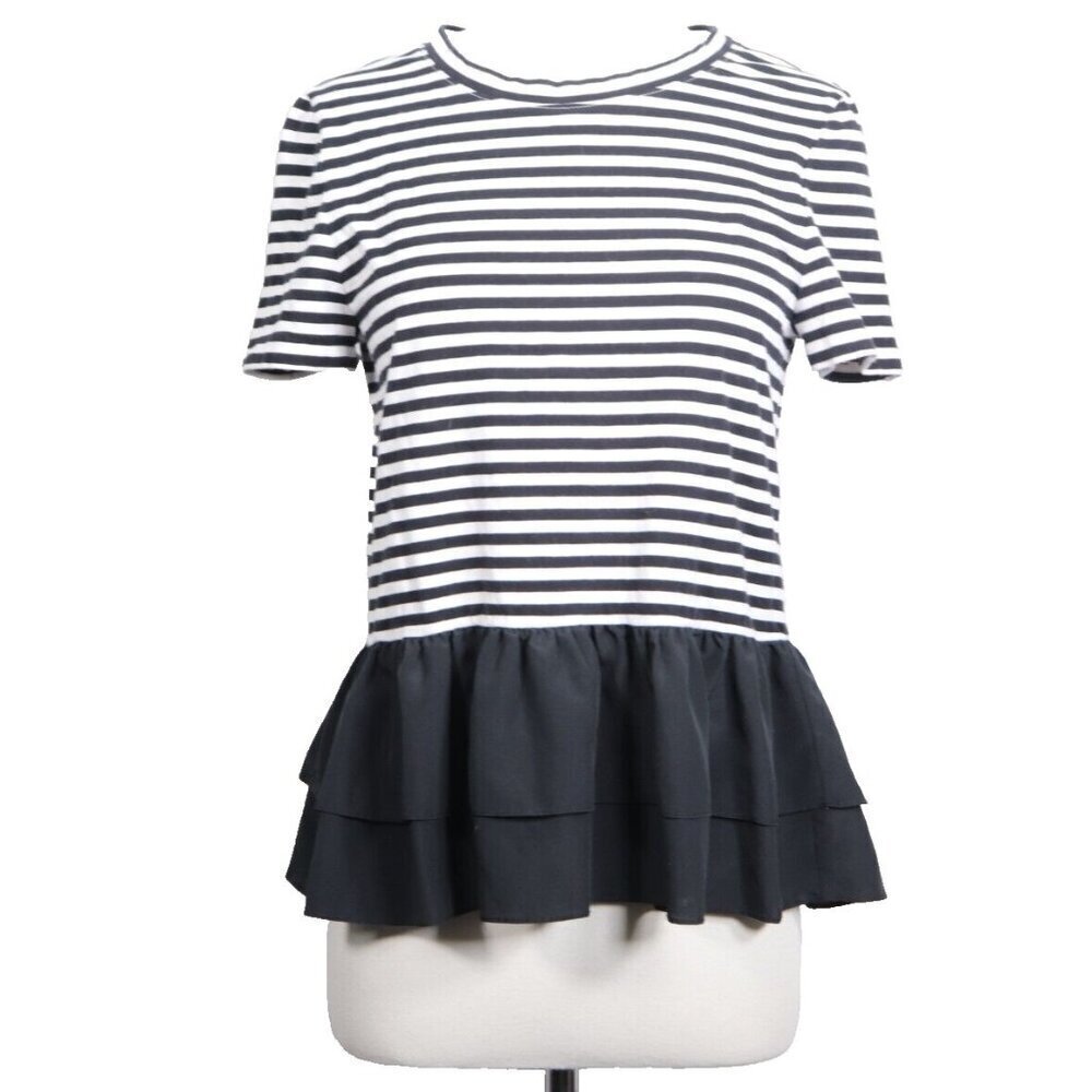 Kate Spade Broome Street Women Small Black White Stripe Peplum Top Cotton Shirt